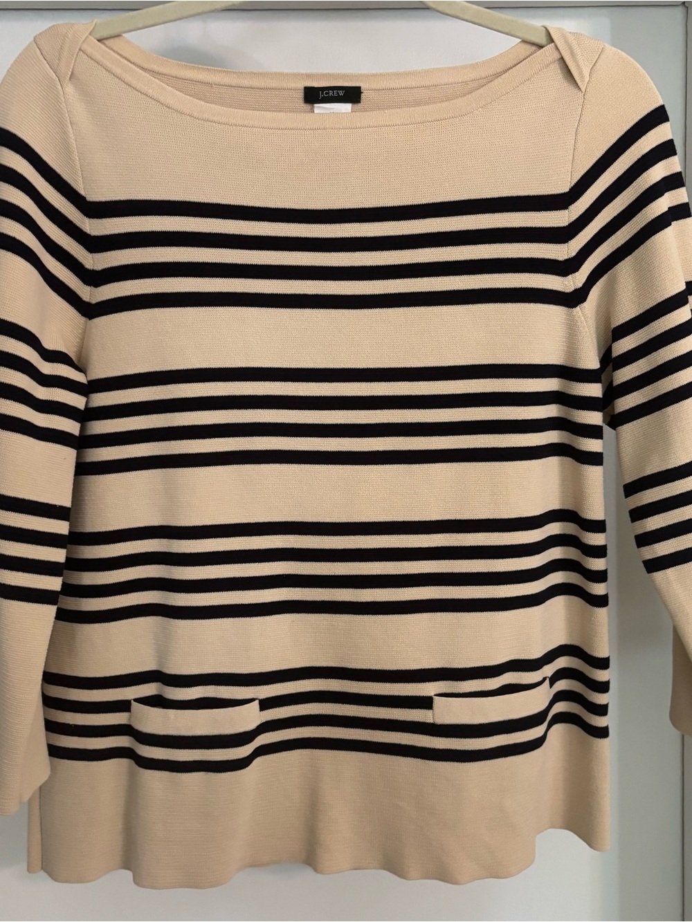 J. Crew Cream Sweater with Navy Stripes and Front Pockets Size M